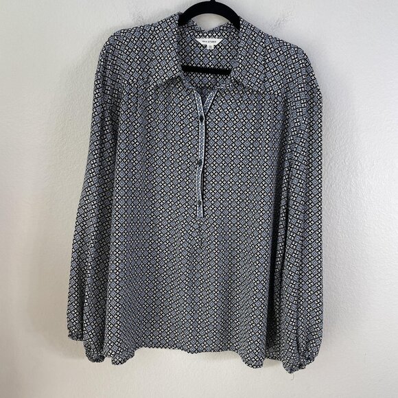 Max Studio Blouse Womens 2X Black White Blue Geometric Print Button Up Shirt - Picture 5 of 9